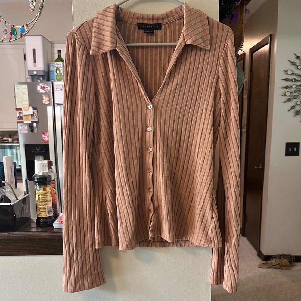 Sanctuary Tan Ribbed Button-Down Shirt